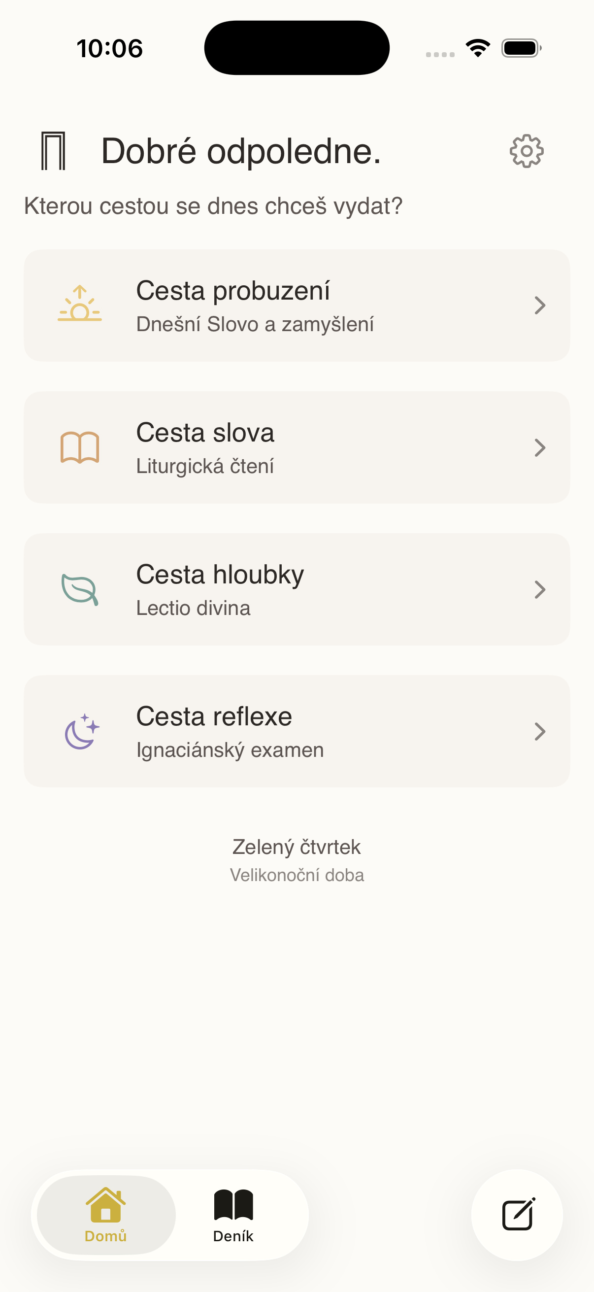Setkání – domovská obrazovka aplikace